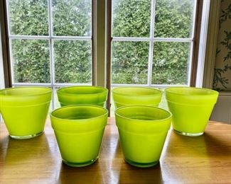 Grouping of green glass planters                                      65.00  4 large 6 1/2H x 7 1/2 diameter                                                       2 smaller 5 1/4"h x 6" diameter