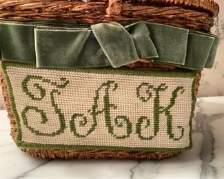 Vintage wicker basket purse with embroidered panel & ribbon. Initials TAK...anybody out there with those initials?                                                                                20.00
