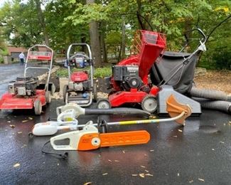 Troybilt Chipper Vac, Newer Toro Mower, Older Toro GS Mower, Honda Pressure Washer, Stihl FSE 60 String Trimmer, Hedge Trimmer, Stihl Electric Chain Saw,