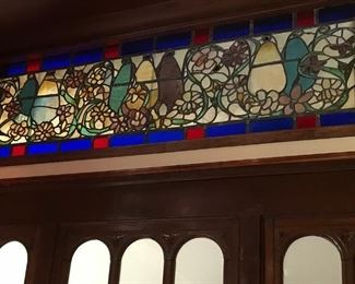 Large leaded stained glass panel from the former Clyde's restaurant in Columbia, MD (1975-2020)
Colorful flowers and fruit.
76" long; 25" high