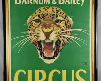 "Ringling Bros. and Barnum & Bailey Circus - Greatest Show on Earth" Tiger Circus Poster

Artist signed in stone: "G"; Copyright circa 1942

LITHO. IN U.S.A.

1990 appraisal report from Edward G. Haddad II Appraisals in Alexandria, VA valued this piece at $1,375
Outside Frame 31" X 44.5"; Visible Art 27" X 41"