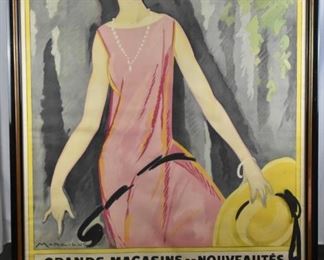"Grands Magasins de Nouveautes.....AUX DAMES DE FRANCE..... 94, rue de Commerce - NEVERS"

Artist: Marc-Luc

Printed by "Les Imprimeries DAUDE FRERES 2.R. de l'Asile Popincourt, Paris"

Marc-Luc, a French illustrator of the Art Deco period, is known for his renditions of masculine fashion.

1990 appraisal report from Edward G. Haddad II Appraisals in Alexandria, VA valued this piece at $3,500
Outside Frame: 49 " X 65", Visible Art: 45.5" X 61"