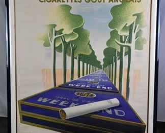 "WEEK-END / Cigarettes Gout Anglais / Caisse Autonome D'Amortissement"

Artist signed and dated in stone - "Sepo '36" (SEVERO POZZATI, 1895-1983)

Published by Creations "Idea" Paris, France.

SEITA, the French tobacco company, launched Week-End cigarettes, made from "luxury Virginia tobacco" to compete with similar British brands. As the concept of a weekend is a time for relaxing and getting away, Sepo had the clever idea to literally illustrate the brand as a path to escape.