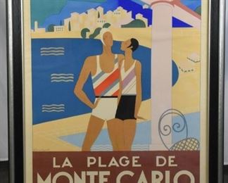 La Plage de Monte Carlo
ARTIST: Michel Bouchaud (19 02-1965)
French Art Deco
"At the confluence of the bay and a pool, beneath a decorative trellis, with the beaches and town in the distance, a fashionable couple is flirting. A highly stylized, delightful Art Deco image, from the woman's hair to the suggestion of waves in the bay."

La Plage de Monte Carlo, 1929
Publicite Vox
Printed by Tolmer
Outside Frame: 36" X 52", Visible Art: 31" X 46.5"