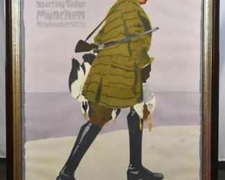 "Hermann Scherrer, Sporting-Tailor, Munchen, Neuhauserstr.32"

Original vintage fashion advertising poster for Hermann Scherrer Sporting-Tailor store at 32 Neuhauser Street in Munich. Image shows a gentleman dressed in fashionable hunting attire carrying day's catch of foul.

Artist: Ludwig Hohlwein (27 July 1874 in Wiesbaden – 15 September 1949 in Berchtesgaden) was a German poster artist, a pioneer of the Sachplakat style. He trained and practiced as an architect in Munich until 1911, when he moved to Berlin and switched to poster design. He is thought to be the greatest poster artist of early twentieth century Germany.

Printed by Vereinigte Druckereien & Kunstanstalten, GmbH Munchen.

1990 appraisal report from Edward G. Haddad II Appraisals in Alexandria, VA valued this piece at $4,650
Outside Frame 39" X 53"; Visible Art 33.5" X 47"
