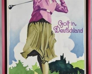 "Golf in Deutschland"

Issued by Reichsbahnzentrale Fur Den Deutschen Reiseverkehr, Berlin, Germany
2nd Quarter, 20th century

Artist: Ludwig Hohlwein

Ludwig Hohlwein (1874-1949) was a German poster artist, a pioneer of the Sachplakat style. He trained and practiced as an architect in Munich until 1911, when he moved to Berlin and switched to poster design. He is thought to be the greatest poster artist of early twentieth century Germany.

1990 appraisal report from Edward G. Haddad II Appraisals in Alexandria, VA valued this piece at $1,975
Outside Frame: 28.5" X 43", Visible Art: 24.5" X 39"