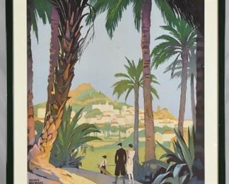 A SLICE IN TIME
Hyères La Cote D' Azur French Riviera
Artist: Roger Broders (1883-1953)
PLM Railways France Europe Vintage Travel Advertisement Art Poster

Hyères is a French town on the Mediterranean coast. Its hillside old town features the remains of a medieval castle and centuries-old walls.

Roger Broders was a French illustrator and artist best known for his travel posters promoting tourism destinations in France, typically fashionable beaches of the Côte d'Azur and skiing resorts in the French Alps in the early 20th century.

Outside Frame: 30" X 44.5", Visible Art: 24" X 38"