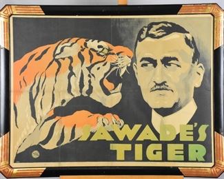 "Sawade’s Tiger" Poster

Richard Sawade was the General Director of the Hagenbeck Zoo, Hamburg, Germany.

Artist- F.L. Sonns
Lith - Adolph Friedländer, Hamburg, Germany, Circa 1930

Adolph Friedländer (17 April 1851 – 7 July 1904) was a famed German lithographer of posters and a publisher hailing from Hamburg. His printshop produced over 9,000 posters between 1872 and 1935, predominantly for artists, magicians and circus and vaudeville performers. First learning lithography at his father's shop in Hamburg, he received formal training in Berlin and returned to operate independently in 1872. First concentrating on labels for businesses, he turned to poster printing to cater to the many artists and performers which operated nearby to the location of his business.

1990 appraisal report from Edward G. Haddad II Appraisals in Alexandria, VA valued this piece at $1,400
Outside Frame 40" X 31"; Visible Art 36" X 27"