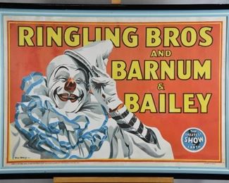 1943 Ringling Bros and Barnum & Bailey Circus Poster, Clown

Artist - Bill Bailey, signed in stone. Copyright 1943

LITHO. IN U.S.A.

1990 appraisal report from Edward G. Haddad II Appraisals in Alexandria, VA valued this piece at $1,200
Outside Frame 45" X 32"; Visible Art 40.5" X 27.5"