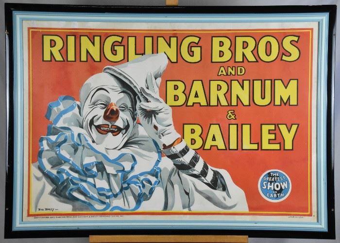 1943 Ringling Bros and Barnum & Bailey Circus Poster, Clown

Artist - Bill Bailey, signed in stone. Copyright 1943

LITHO. IN U.S.A.

1990 appraisal report from Edward G. Haddad II Appraisals in Alexandria, VA valued this piece at $1,200
Outside Frame 45" X 32"; Visible Art 40.5" X 27.5"