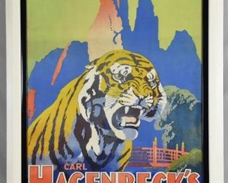 "Carl Hagenbeck's Tierpark"

Lith- Adolph Friedländer, Hamburg, Germany, Circa 1930

Adolph Friedländer (17 April 1851 – 7 July 1904) was a famed German lithographer of posters and a publisher hailing from Hamburg. His printshop produced over 9,000 posters between 1872 and 1935, predominantly for artists, magicians and circus and vaudeville performers. First learning lithography at his father's shop in Hamburg, he received formal training in Berlin and returned to operate independently in 1872. First concentrating on labels for businesses, he turned to poster printing to cater to the many artists and performers which operated nearby to the location of his business.

Carl Hagenbeck's Tierpark is a zoo in Stellingen, Hamburg, Germany. The collection began in 1863 with animals that belonged to Carl Hagenbeck Sr. (1810–1887), a fishmonger who became an amateur animal dealer. The park itself was founded by Carl Hagenbeck Jr. in 1907. This was the first zoo to use enclosures surrounded by mo