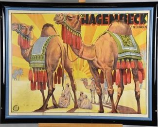 "Carl Hagenbeck Stellengen"

Lith- Adolph Friedländer, Hamburg, Germany, Circa 1920-30

Adolph Friedländer (17 April 1851 – 7 July 1904) was a famed German lithographer of posters and a publisher hailing from Hamburg. His printshop produced over 9,000 posters between 1872 and 1935, predominantly for artists, magicians and circus and vaudeville performers. First learning lithography at his father's shop in Hamburg, he received formal training in Berlin and returned to operate independently in 1872. First concentrating on labels for businesses, he turned to poster printing to cater to the many artists and performers which operated nearby to the location of his business.

The Tierpark Hagenbeck is a zoo in Stellingen, Hamburg, Germany. The collection began in 1863 with animals that belonged to Carl Hagenbeck Sr. (1810–1887), a fishmonger who became an amateur animal collector. The park itself was founded by Carl Hagenbeck Jr. in 1907. It is known for being the first zoo to use open enclos