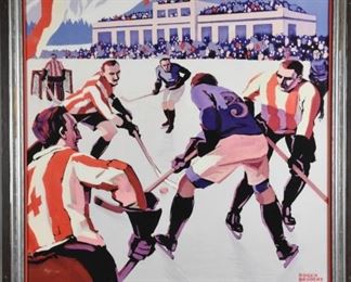 Mt. Blanc Sports D'Hiver, World Ice Hockey Championships Poster 1930 (Facsimile Print)

Held in Chamonix, France.
Artist: Roger Broders
Outside Frame 34.5" X 46.5"; Visible Art 30" X 42";