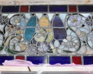 Large leaded stained glass panel from the former Clyde's restaurant in Columbia, MD (1975-2020)
Colorful flowers and fruit.
76" long; 25" high