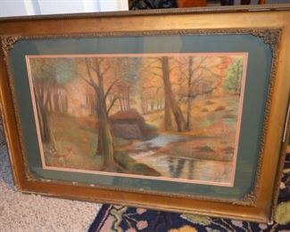 vintage chalk pastel scene signed by J. Dietz in antique frame