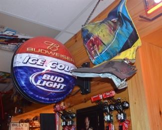 Bud Light sign; piece of car wreck driven by Erin Crocker Evernham 2005 Dover International Speedway, signed