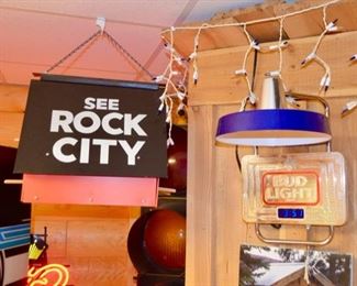 See Rock City bird house, Bud Light wall clock & light