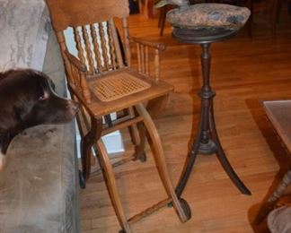 oak child's chair; antique candle stand, duck decoy