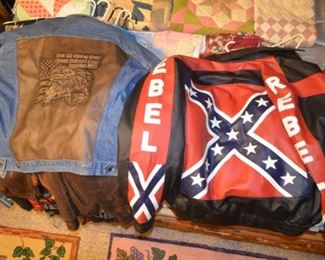 jean & leather jacket; confederate rebel flag jacket