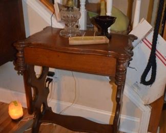 Eastlake table; hurricane lamp with ruffled glass shade