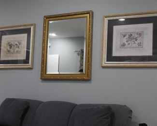 Mirror and 2 framed and matted prints