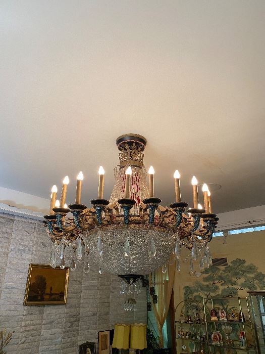 Stunning to see..better in person!! This is from the Grandeur Of Movie Theaters in the 1920's-30's. ITS HUGE..approx 6.5 x6.5 feet wide/ 24 Candles, Porcelain Hand Painted Detail. Crystal Romanian Prisms.
