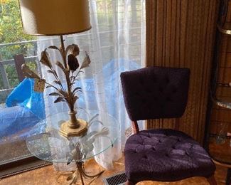 Vintage Purple Tufted Side Chair, Queen Anne Legs, Vintage Gold Tole Ware Gilt  Table Lamp, Vintage Glass Occasional Table Gold Gilt Tole Ware Base