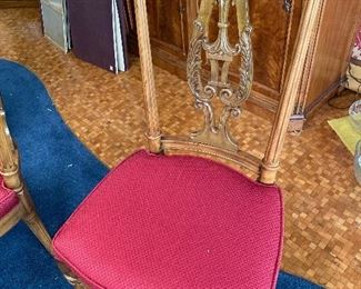 Vintage French Provincial Hand Carved Lyre (back of Chairs have reinforcement) Red Fabric Seats. CHAIRS sold Separate from Table 