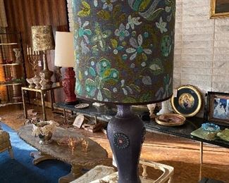 Mid Century Ceramic Navy Blue Table Lamp with Funky Original Shade