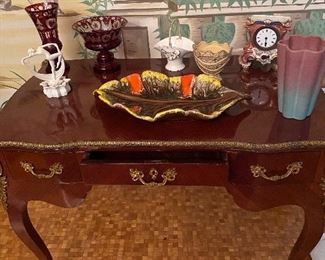 Vintage French Mahogany Ladies Writing Desk. 2 Sided. Only front drawers work. Gilt Gold, Queen Anne Legs. Gorgeous!!