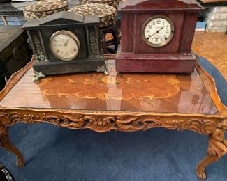 Vintage Hand Carved Mahogany Glass Custom Top Inlay, Hand Carved Cupids/ Angels Cocktail Table. Antique Mantel Clocks