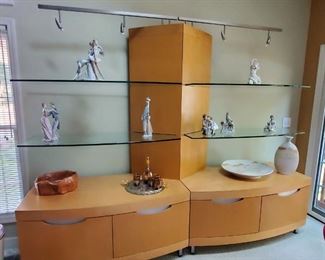 Buy it Now- $800
Suspended (4) ½” glass shelves (slight chip hardly seen on top of glass) do have the sliver piece of glass
With 2 cabinets , with lighting
108”w x 27”d x27’H 
Finish Sable/on Maple
Have some installation drawings and Part numbers
