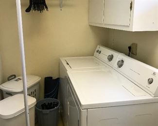 Roper washer & dryer, clothes rack, hamper and trash can