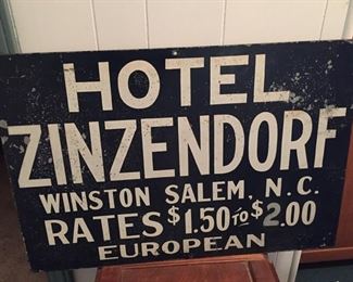 Early Hotel Zinzendorf Winston Salem, N.C. Painted Metal Sign