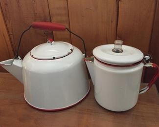 Red and White Enamelware Coffee and Teapot