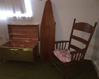 Wooden Ironing Board/Cedar Line Trunk/Wooden Rocking Chair