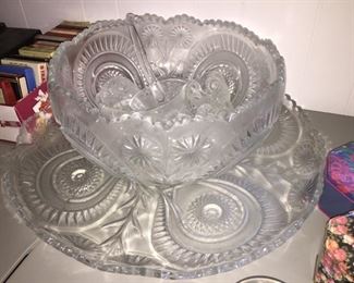 Cut Glass Punch Bowl with Large Under Plate, Cups, Glass Ladle