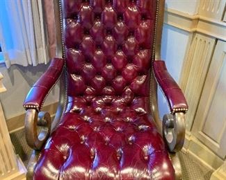 $475 - Tufted leather swivel, rocking  desk chair. Approx 46” H x 33” W x 26” D.   Swivel base 32”.  Seat height 20”.