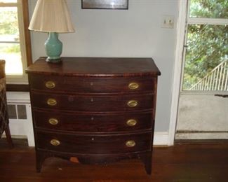 Mahogany swell front chest, Asian table lamp