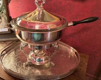 Silver-plate chafing server; silver gallery tray
