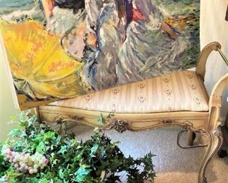 Provincial bench; vintage footbath/planter