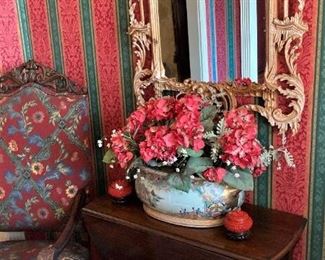Elegant mirror, drop leaf barley twist table, and antique chair