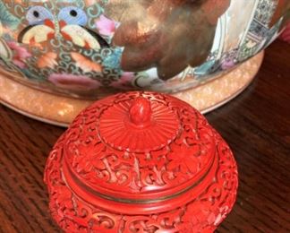 One of two cinnabar lidded bowls