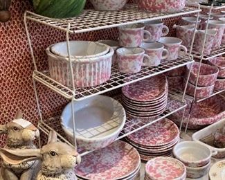 Pink and white spatterware pottery