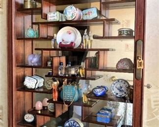 Impressive shadow box of Staffordshire, Limoges, and other enamel boxes