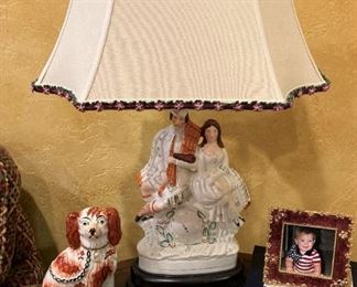 Staffordshire dogs and Staffordshire custom lamp; small Jay Stongwater and Edgar Berebi frames