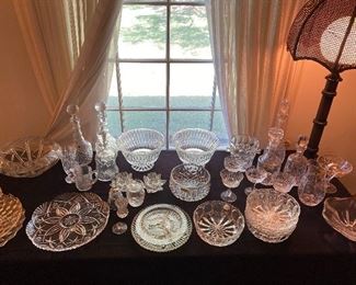 Lots of crystal platters, bowls, compotes, cake stands, stemware, punchbowl- Block, Waterford, Kosta