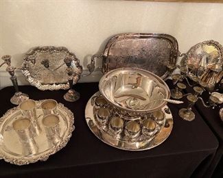 silver plate trays, punchbowl and cups, julep cups