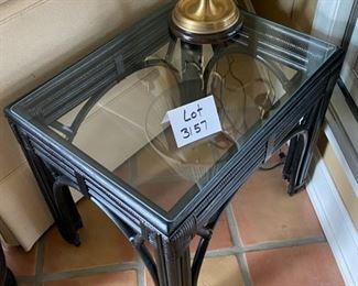 Lot 3157. $135.00. Black Bamboo/wicker Glass Side Table,  20"W x 26"D x 23.5"H