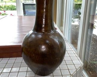 Lot 3159.  $80.00.  Mexican Pottery Vase, Tall and Brown with beautiful lines.  Terracotta Hecho en Mexico, 12" dia x 23" tall